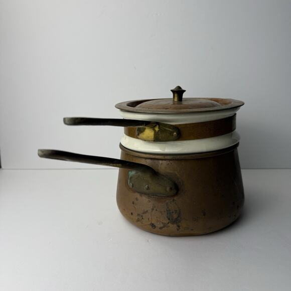 DOUBLE BOILER CERAMIC LINED COPPER BRASS VINTAGE - Picture 3 of 14